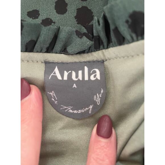 Arula Leopard Print Green Shift Dress Size A/XL Long Sleeve Knee Length V-Neck - Picture 10 of 13